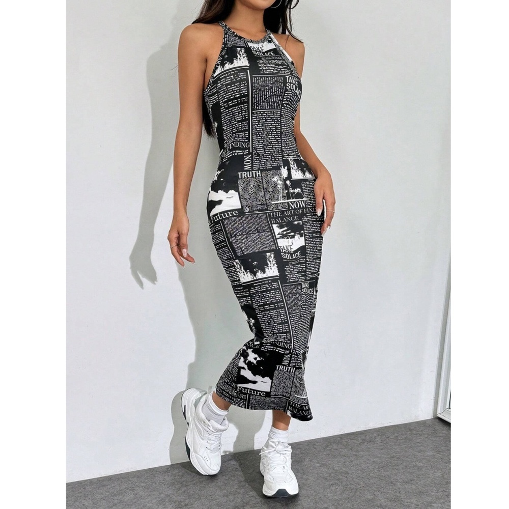 Newspaper Print Tank Dress Midi Fitted Sleeveless Stretchy Black and White